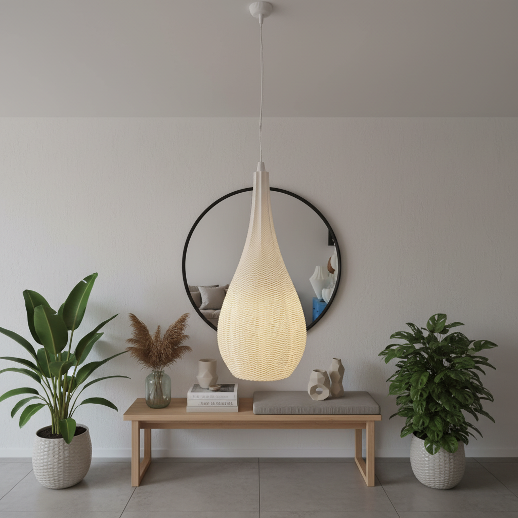 Modern pendant light hanging above a wooden bench with decorative plants on either side in a minimalistic room.