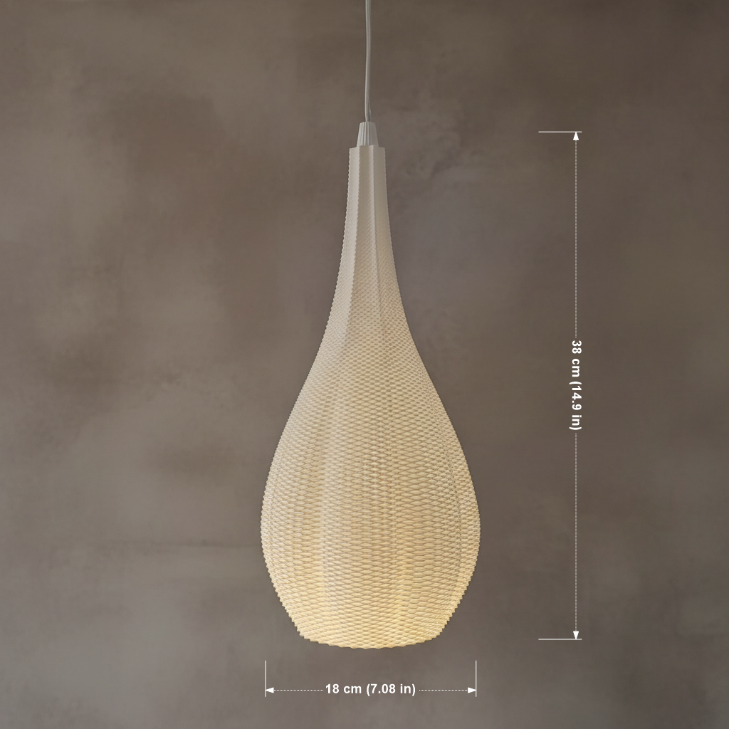 Pendant light with dimensions on a dark background