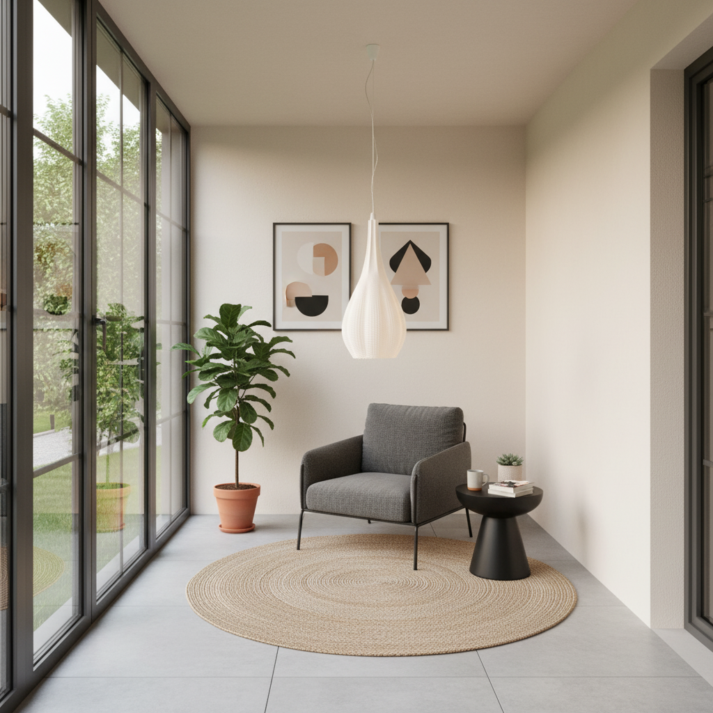 Modern interior with a gray armchair, round rug, and pendant light.