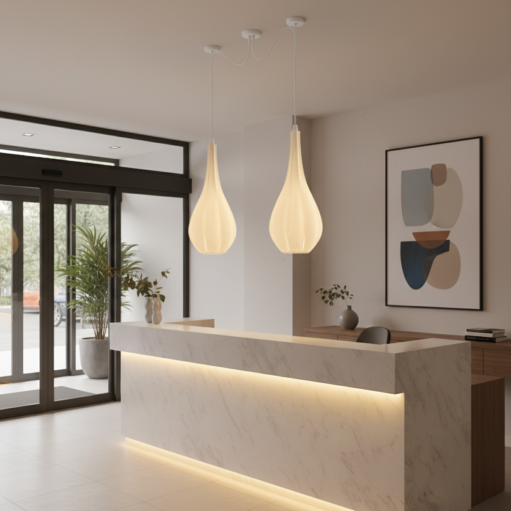 Pair of modern teardrop pendant lights enhancing a stylish hotel reception area.