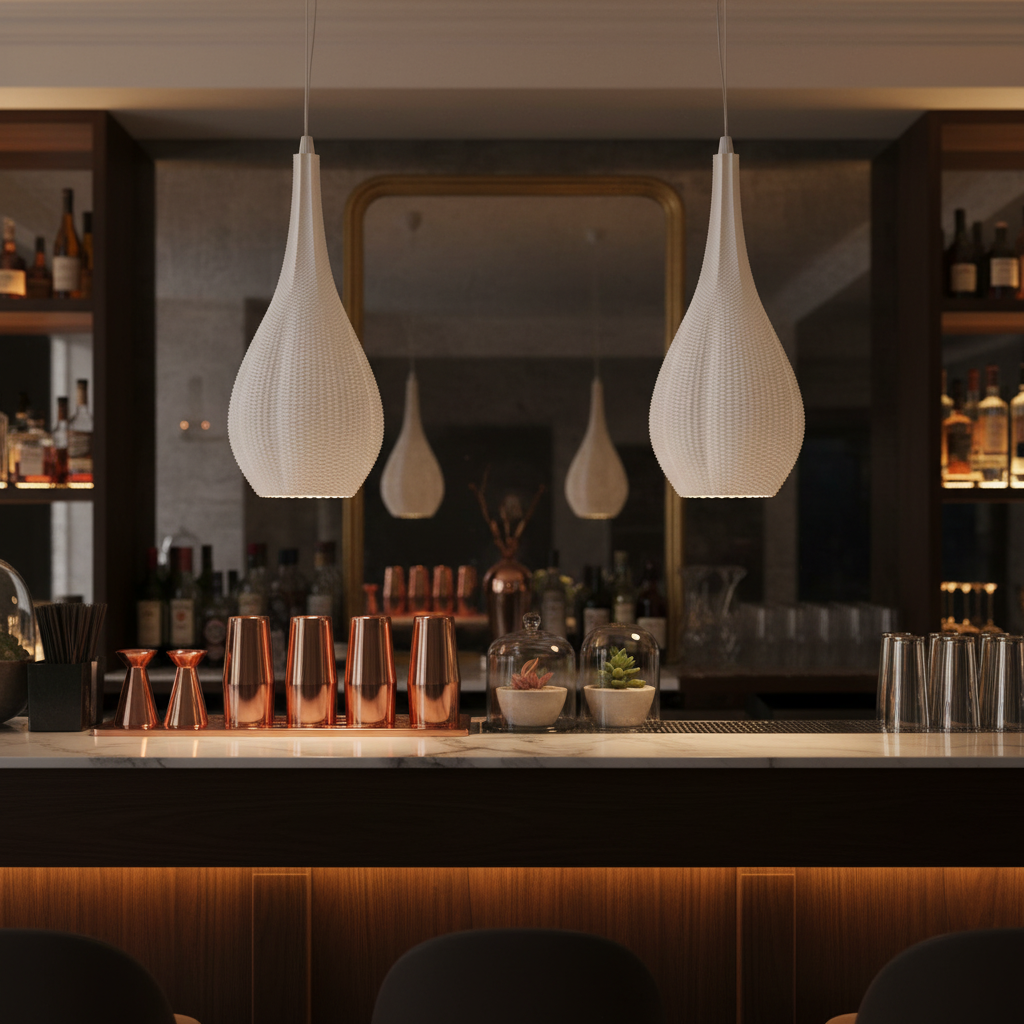 Modern bar counter with white pendant lights and a well-stocked bar in the background.