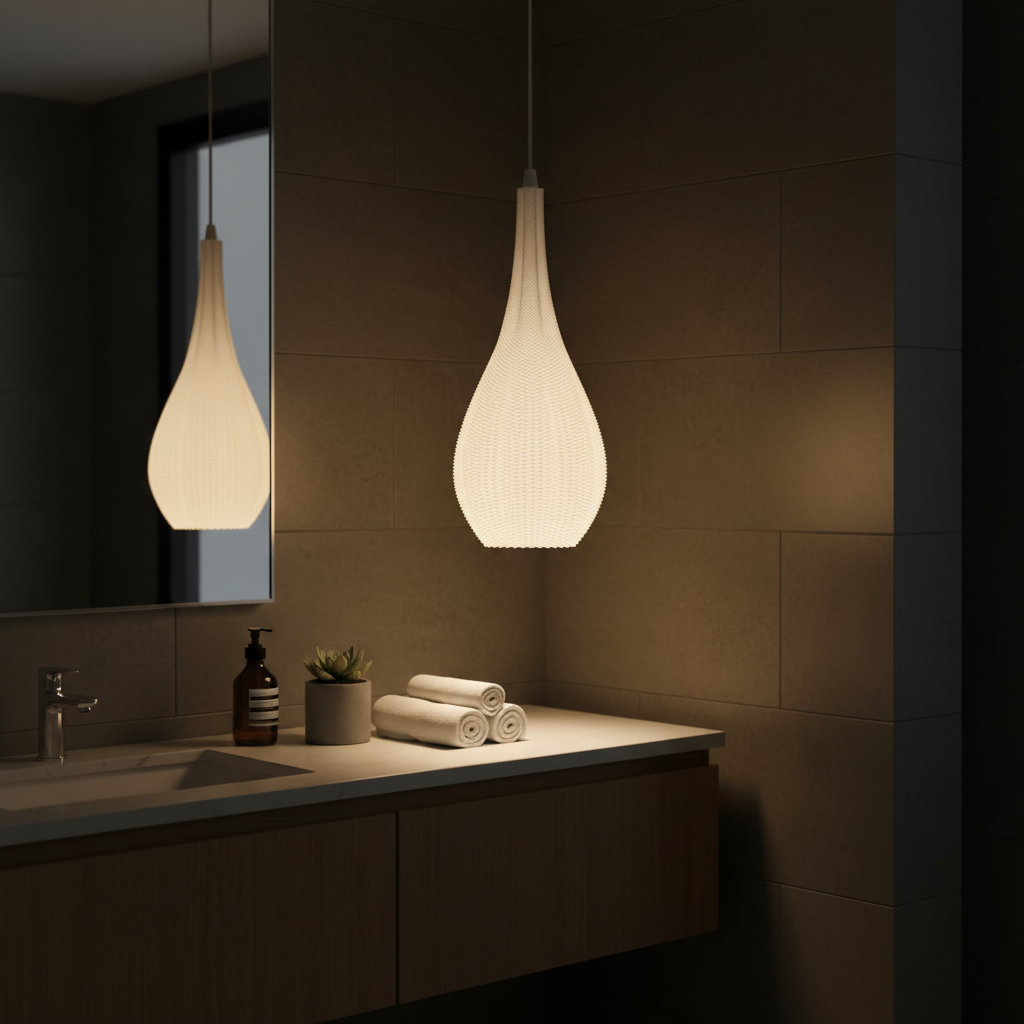 Cozy warm-glow pendant lamp creating a relaxing atmosphere in a dimly lit bathroom space.