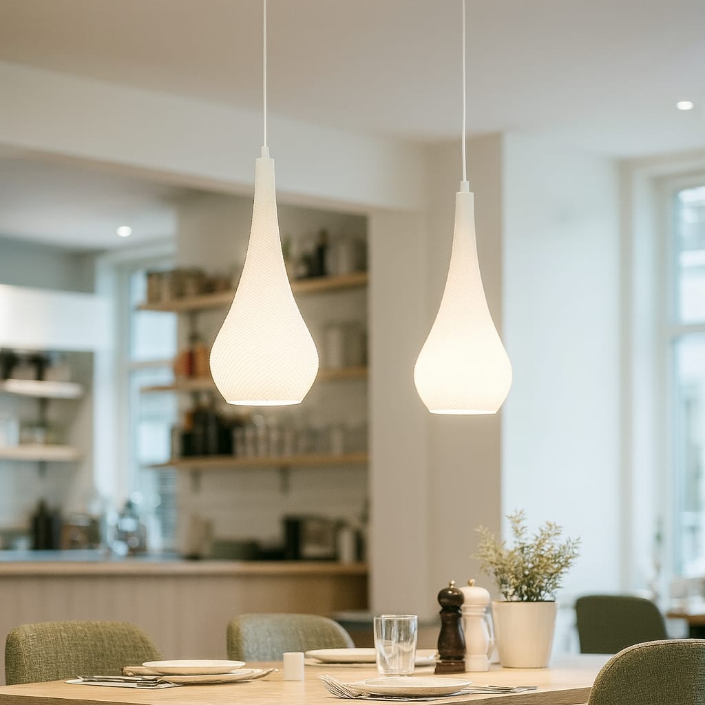 Two pendant lights hanging above a dining table in a kitchen.