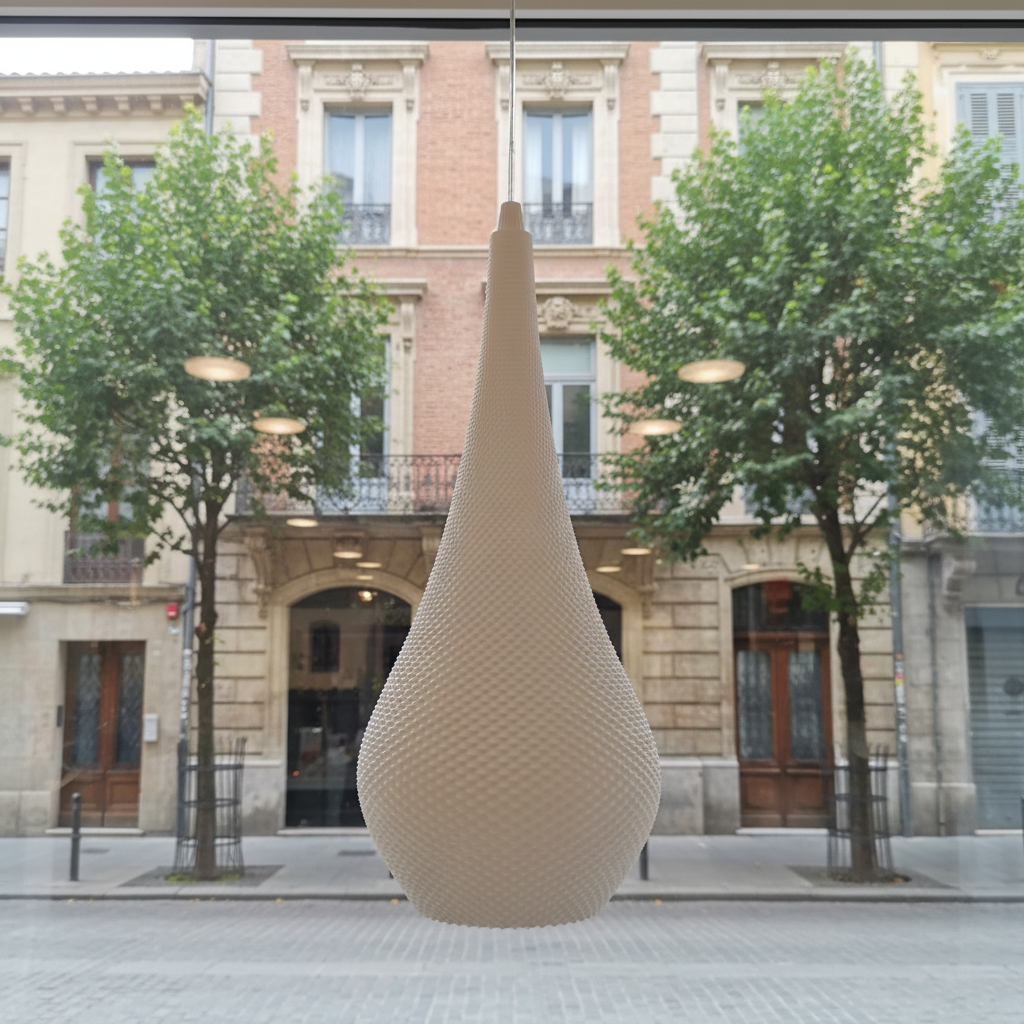 A teardrop-shaped pendant lamp is suspended in front of a large window, with a city street, trees, and classic building facades visible outside in daylight.
