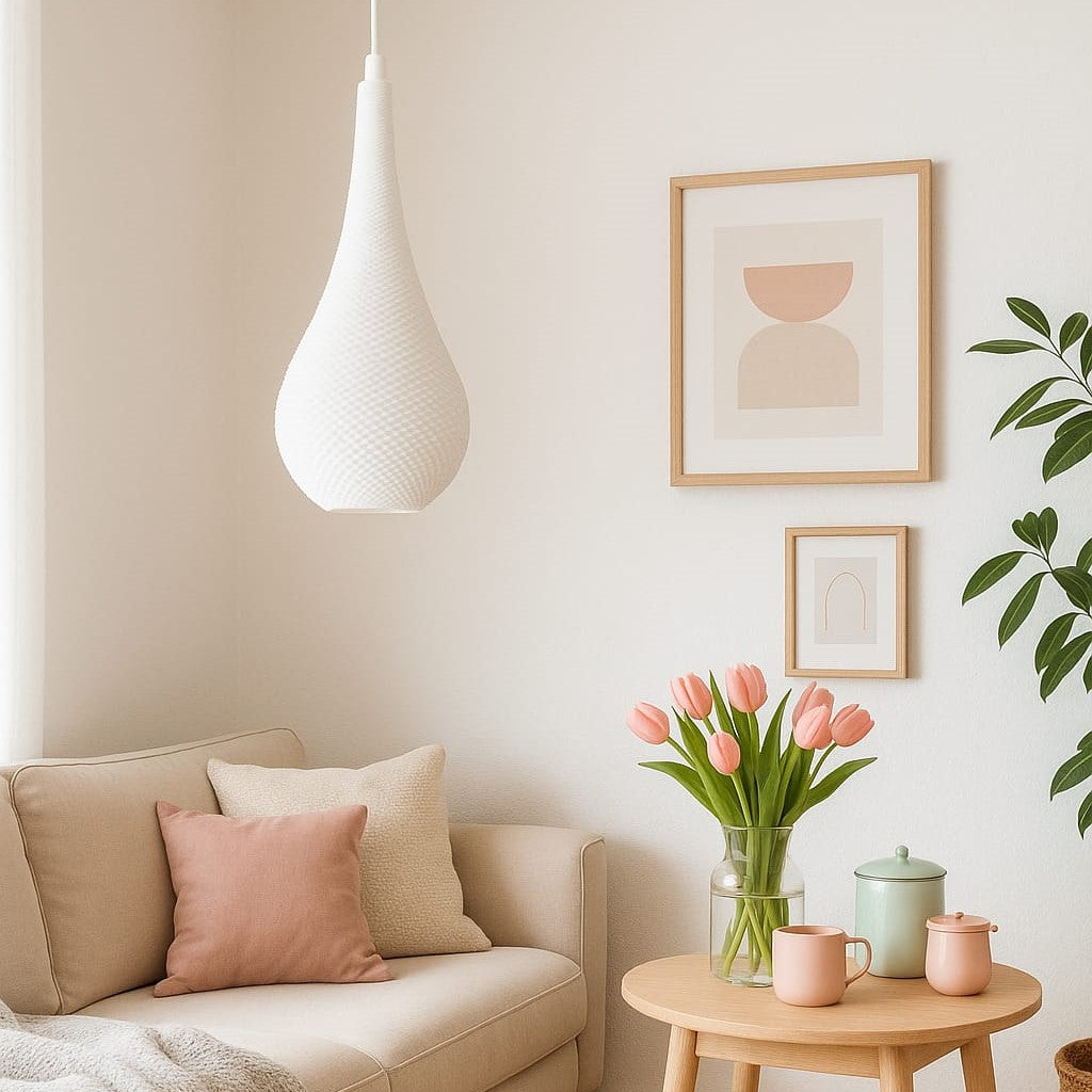 Living room with beige sofa, coffee table with flowers, and framed art on the wall.
