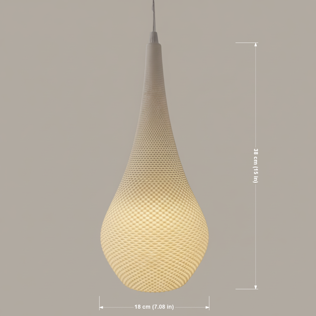 Close-up of a teardrop-shaped pendant lamp with a textured surface, shown against a neutral background with labeled dimensions indicating its height and width.