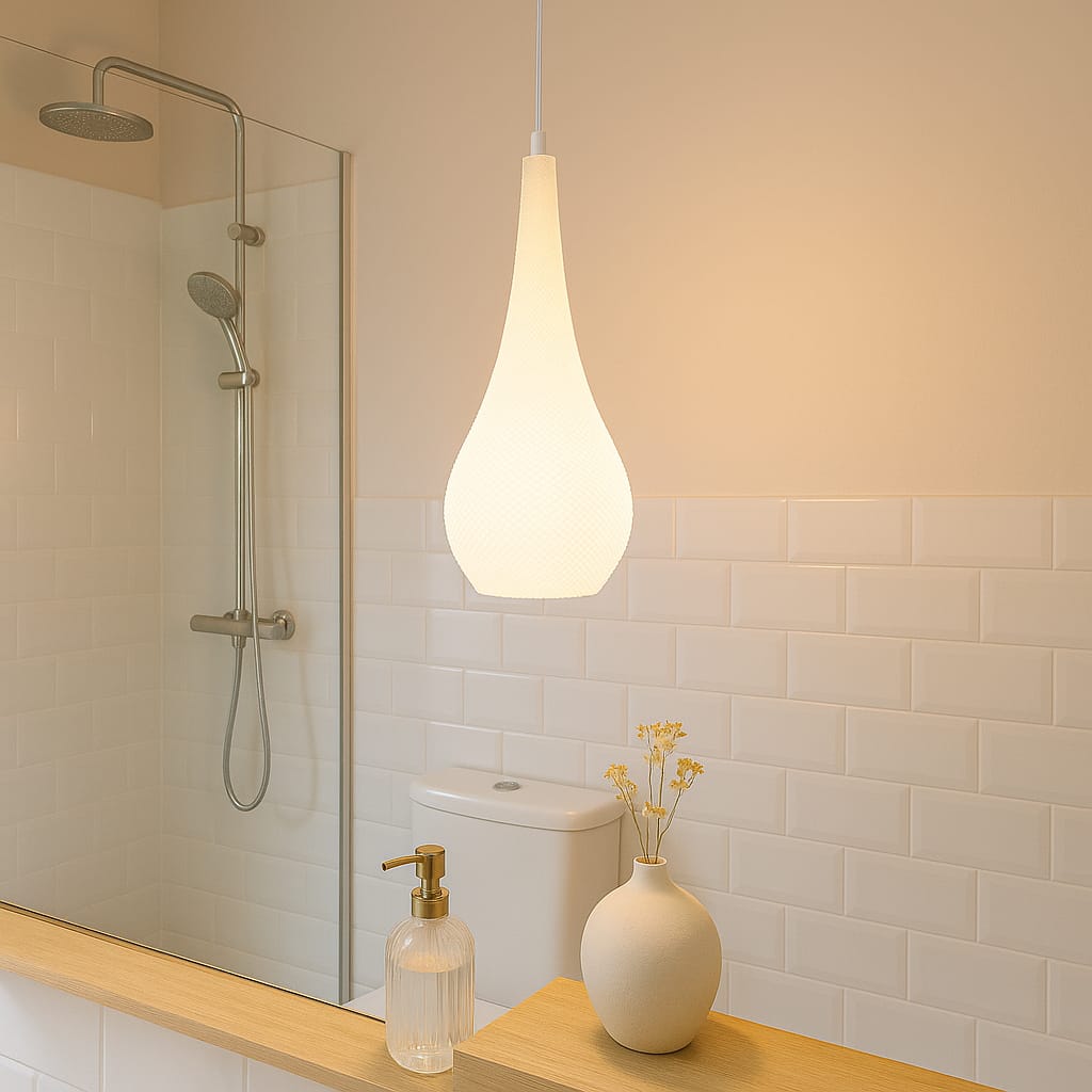 Bathroom interior with a pendant light, shower, and decorative elements.