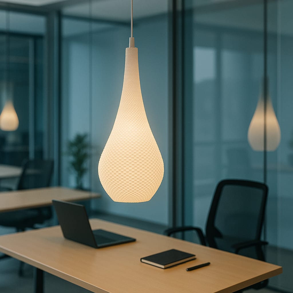 Modern pendant light hanging above a desk in an office setting
