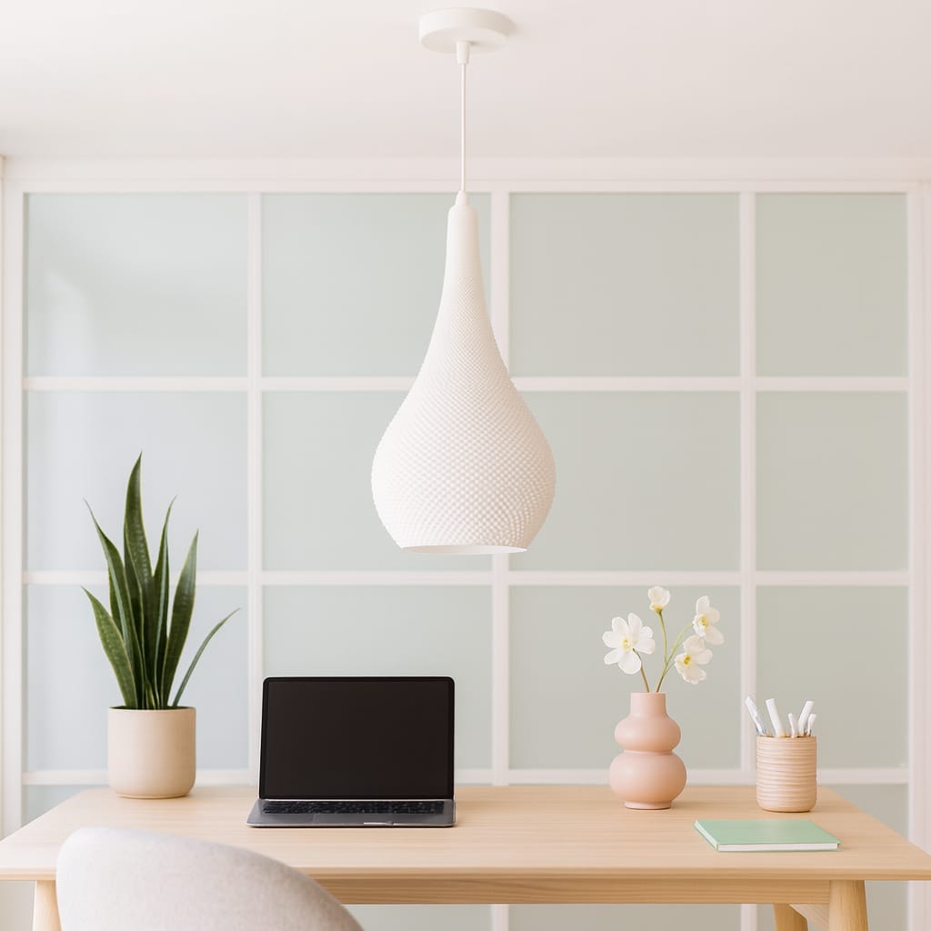 Modern office desk with laptop, plants, and decor against a light green wall.