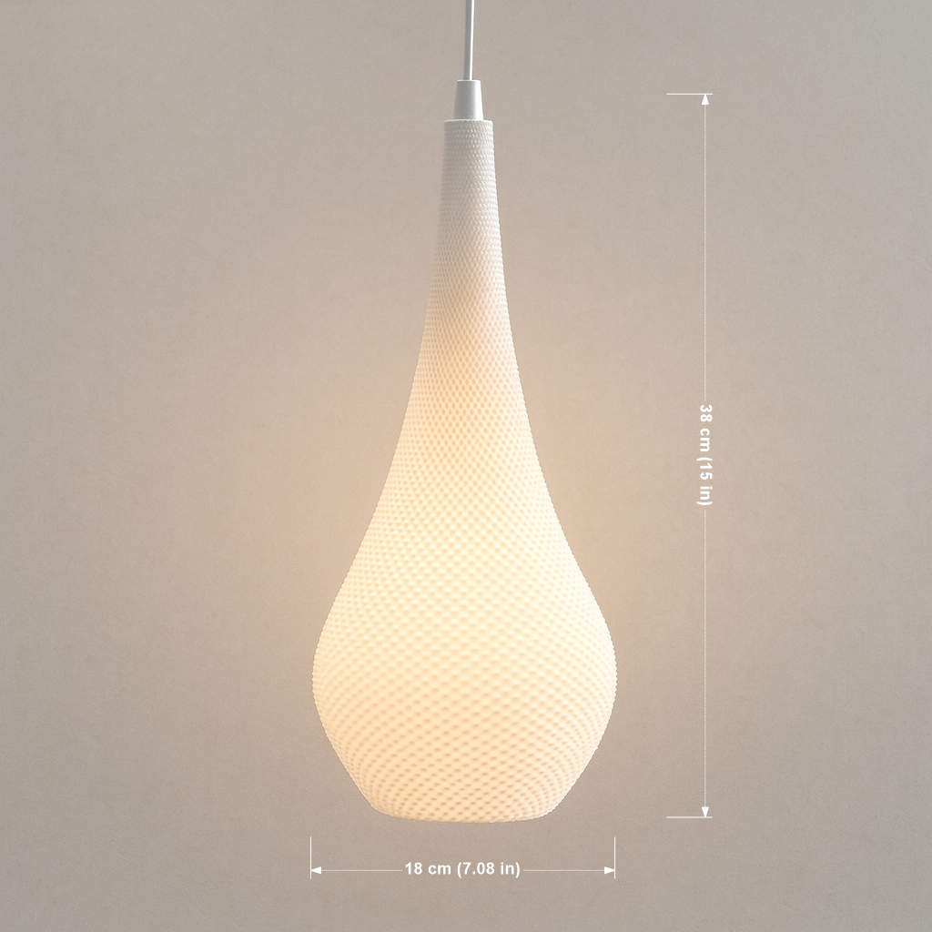 Textured pendant light with dimensions on a neutral background