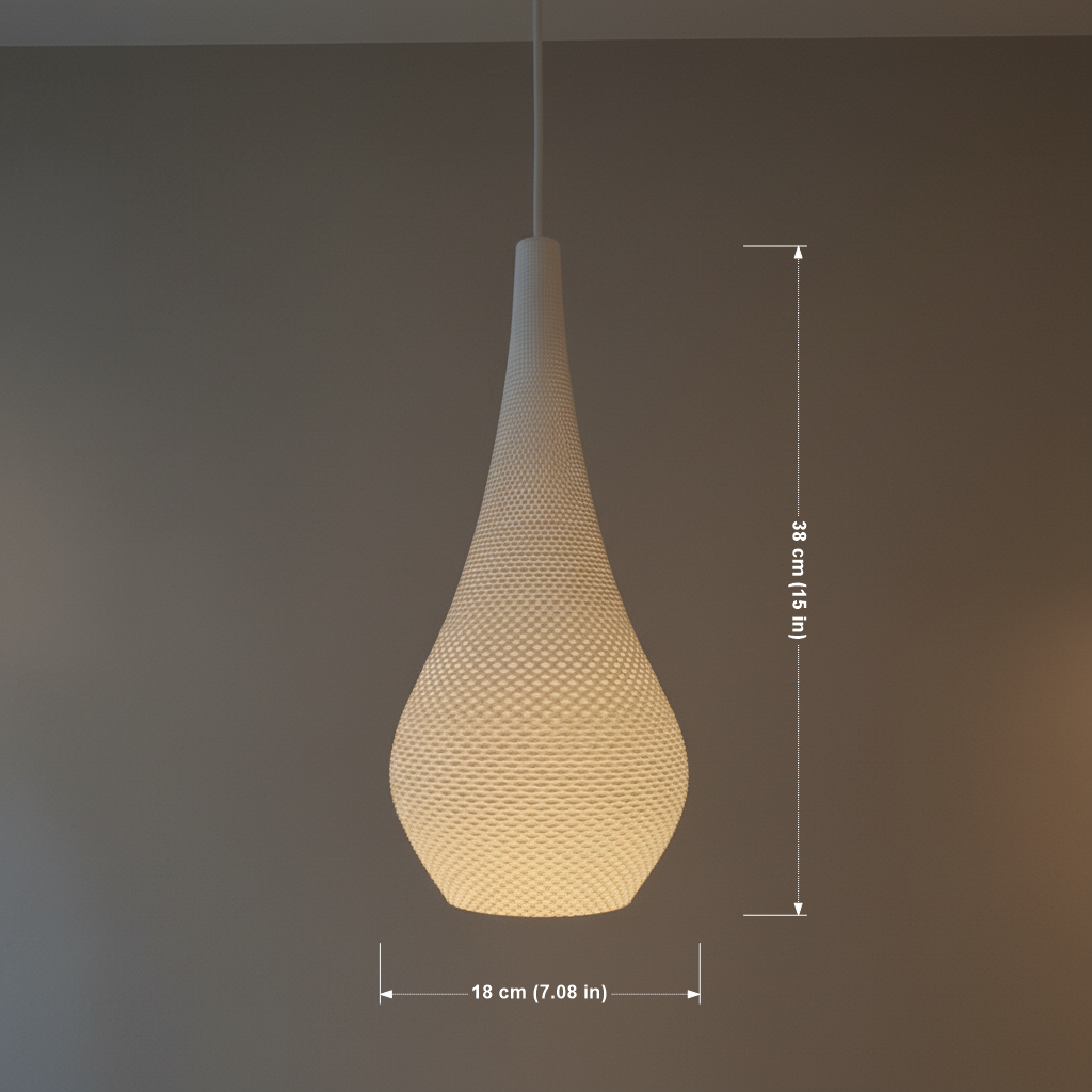 Dimension view of the textured teardrop pendant lamp: 38 cm tall and 18 cm wide, shown lit on a neutral background.