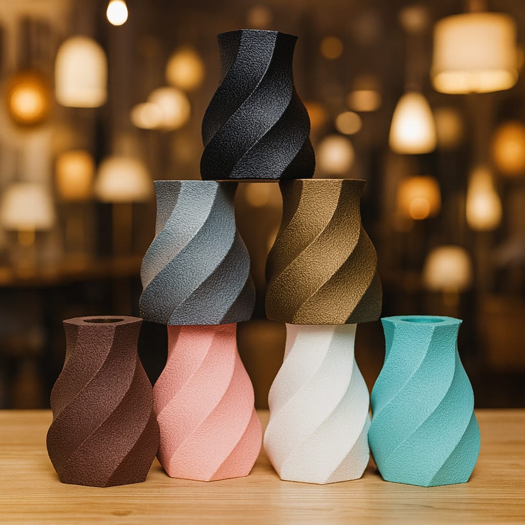 Stack of colorful textured bases on a wooden surface with a blurred background