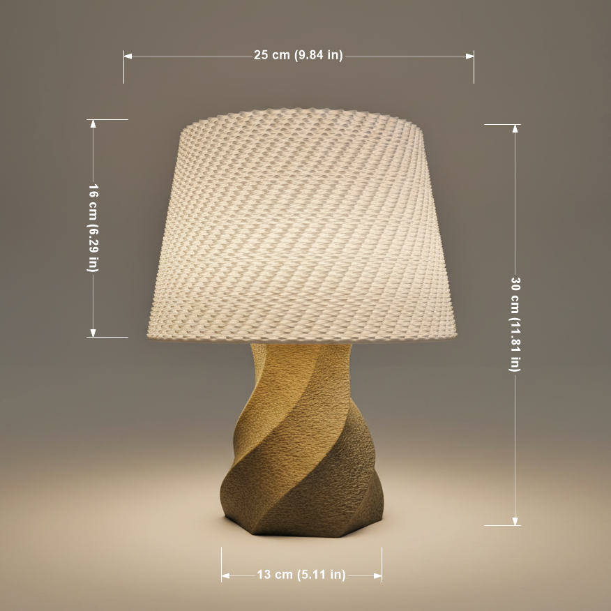 Table lamp with dimensions indicated on a gray background