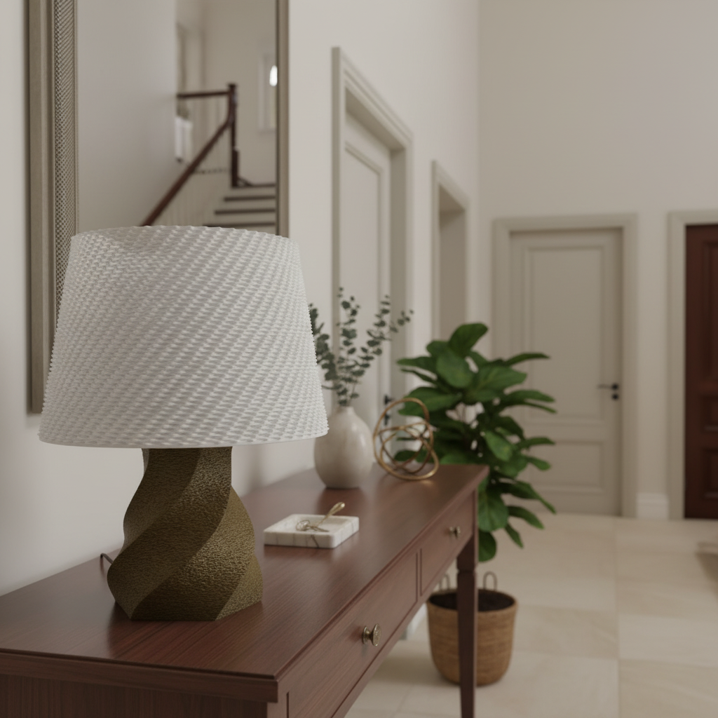 Decorative lamp on a wooden console table in a home interior.