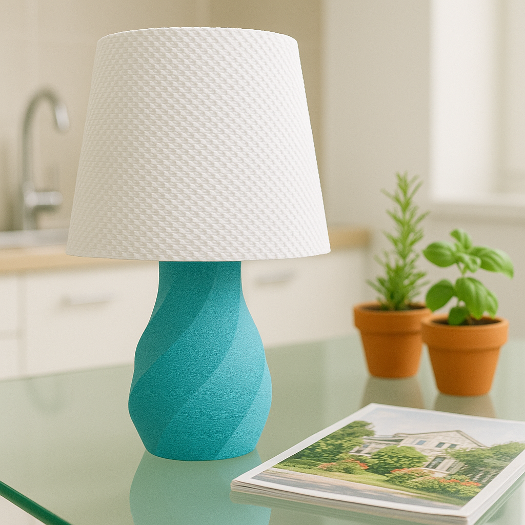 Turquoise lamp with white shade on a glass table in a room with plants and a magazine.