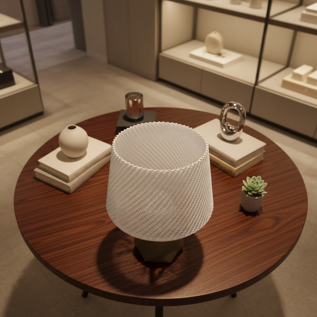 Round wooden table with decorative items including a woven lamp, books, and a small plant.