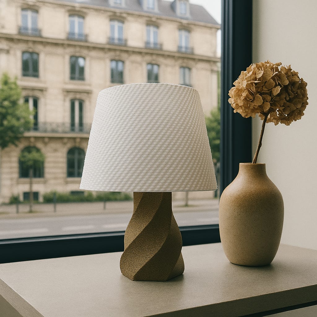 Table lamp with textured white shade and twisted base next to a vase with dried flowers on a windowsill.