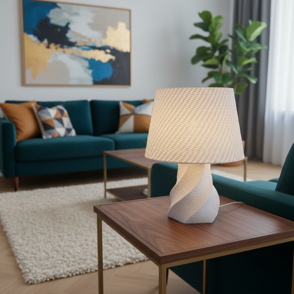 Decorative lamp on a wooden table in a living room with a teal sofa and abstract painting.