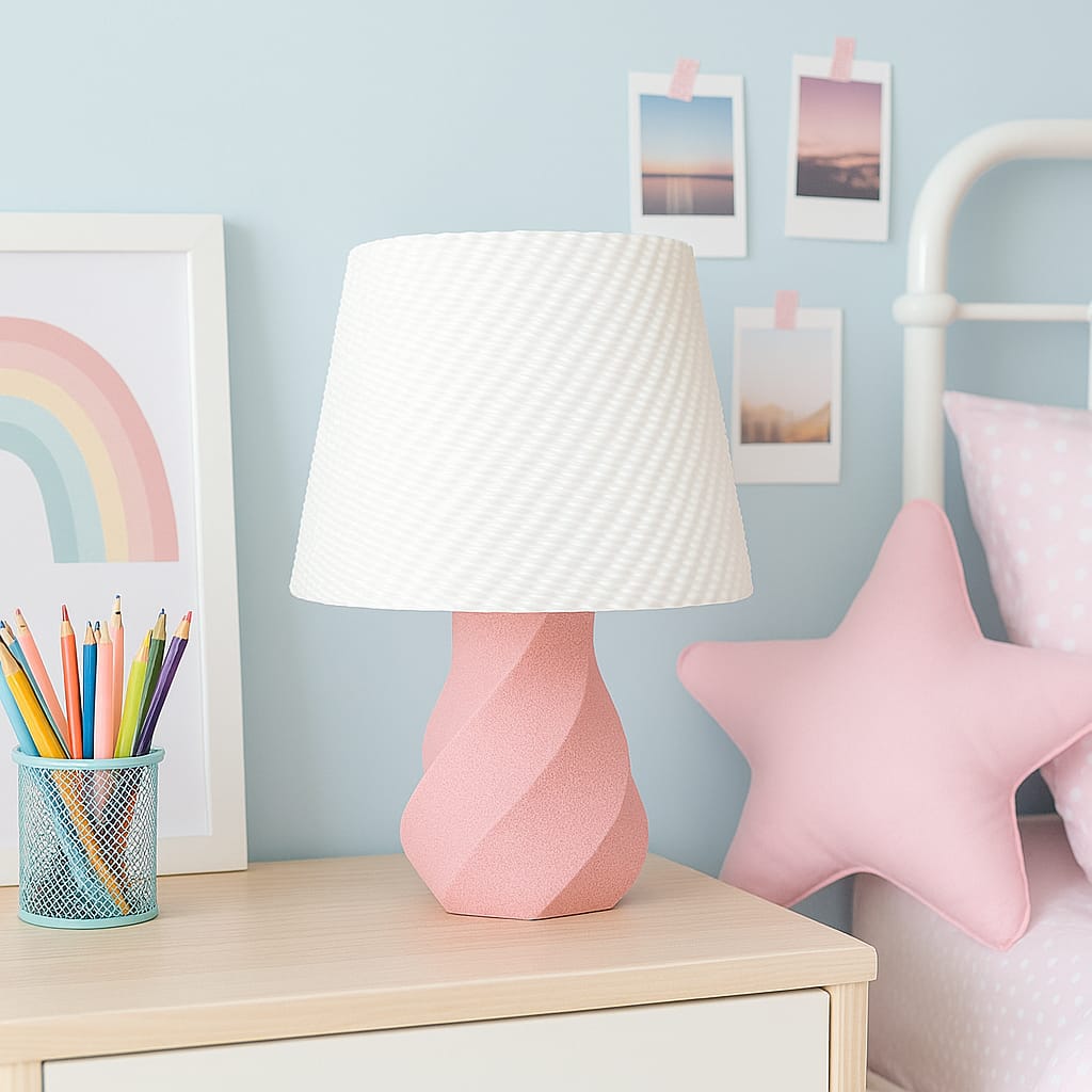 Pink lamp on a nightstand with star-shaped pillow and colorful pencils in a room with light blue walls.