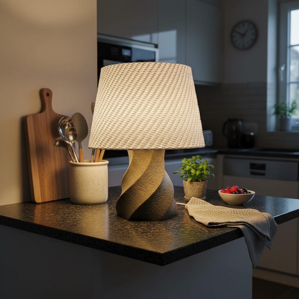 Decorative lamp on a kitchen counter with utensils and plants.
