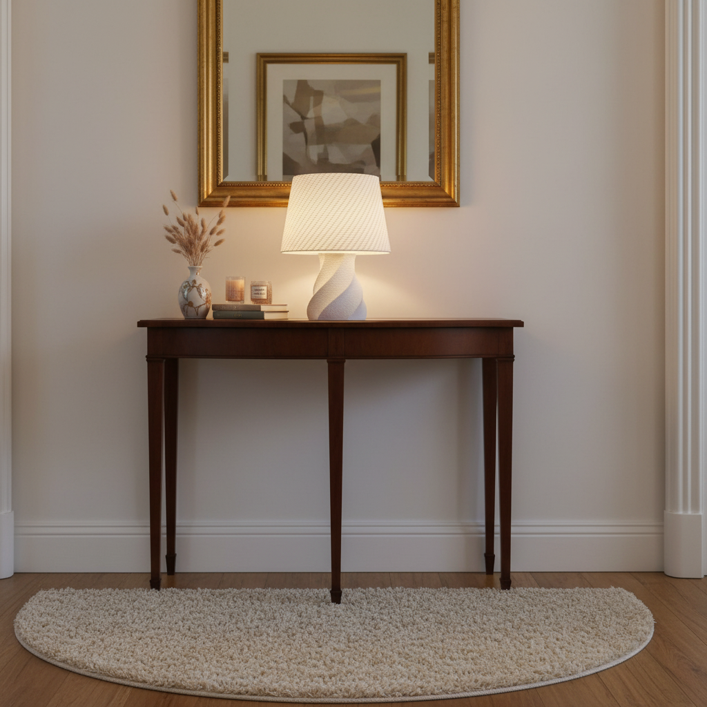 Donkerhouten haltafel tegen een lichte muur met een witte tafellamp in het midden, daarnaast een vaas met droogbloemen, stapeltje boeken en kaarsen; erboven hangt een goudomlijste spiegel en ervoor ligt een licht ovaal vloerkleed op een houten vloer.