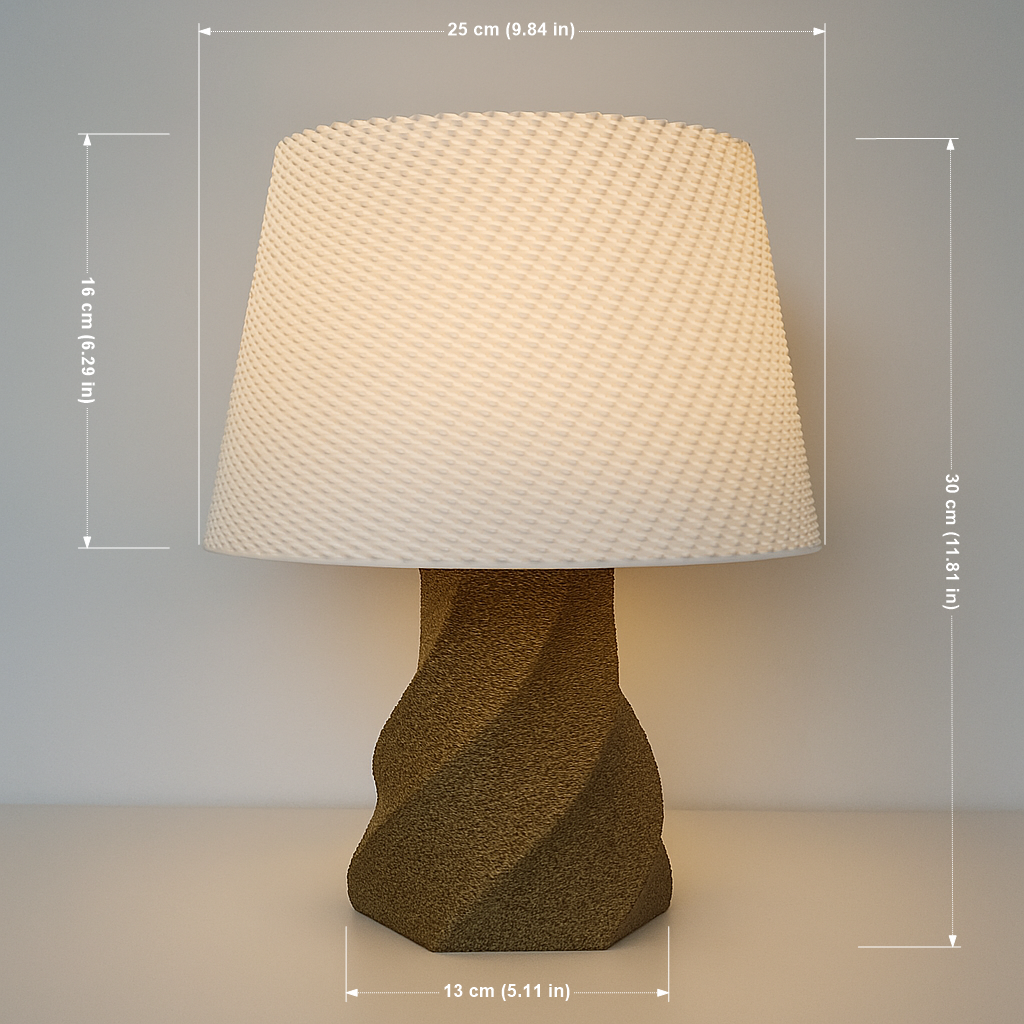 Table lamp with textured shade and stone-like base, shown with dimensions on a neutral background