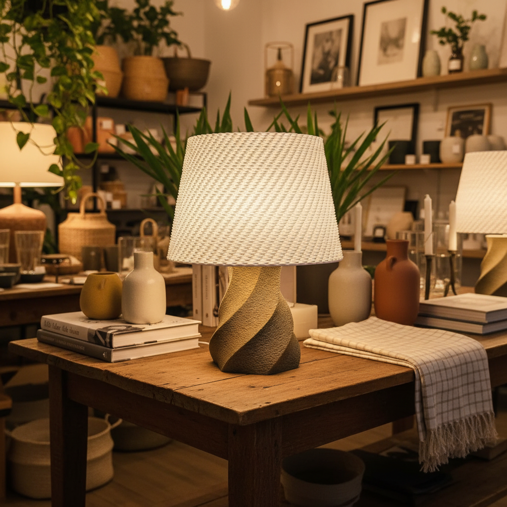 Decorative lamp with wicker shade on a wooden table in a cozy room setting.