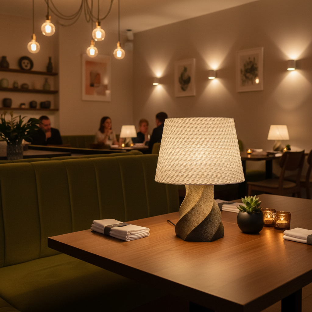 Decorative lamp on a table in a cozy restaurant setting with patrons in the background.
