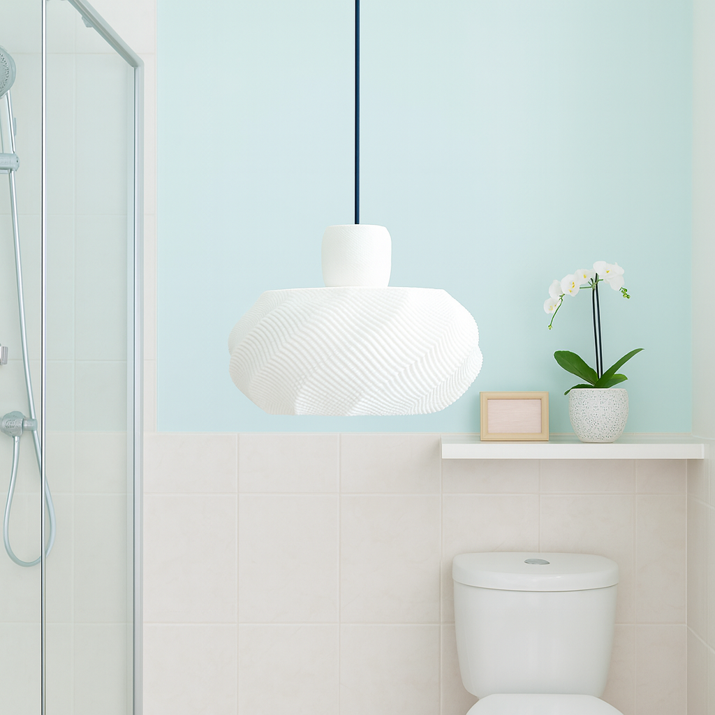 Bathroom with a white pendant light, toilet, and small plant against a light blue wall.