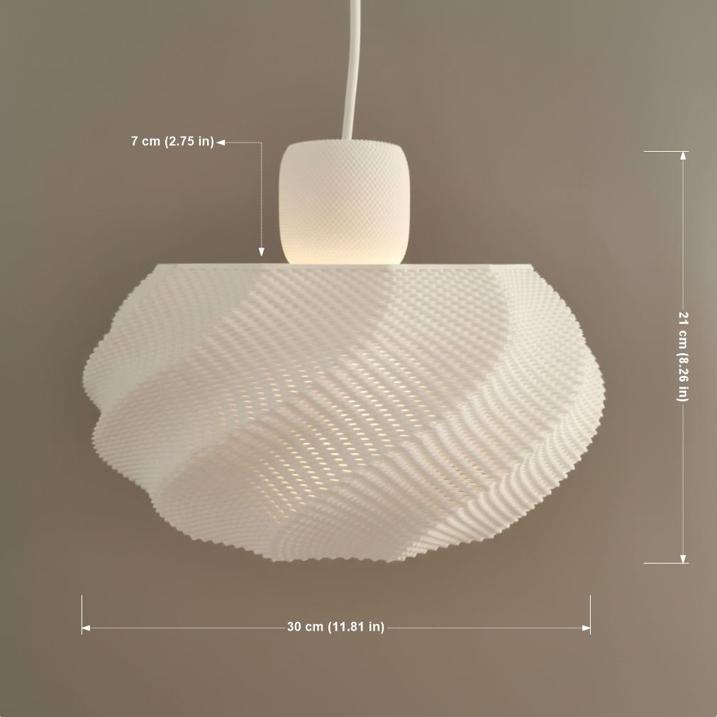 Image of a white modern pendant lamp, 30 cm wide and 21 cm high, shown with clear dimensions against a neutral background.