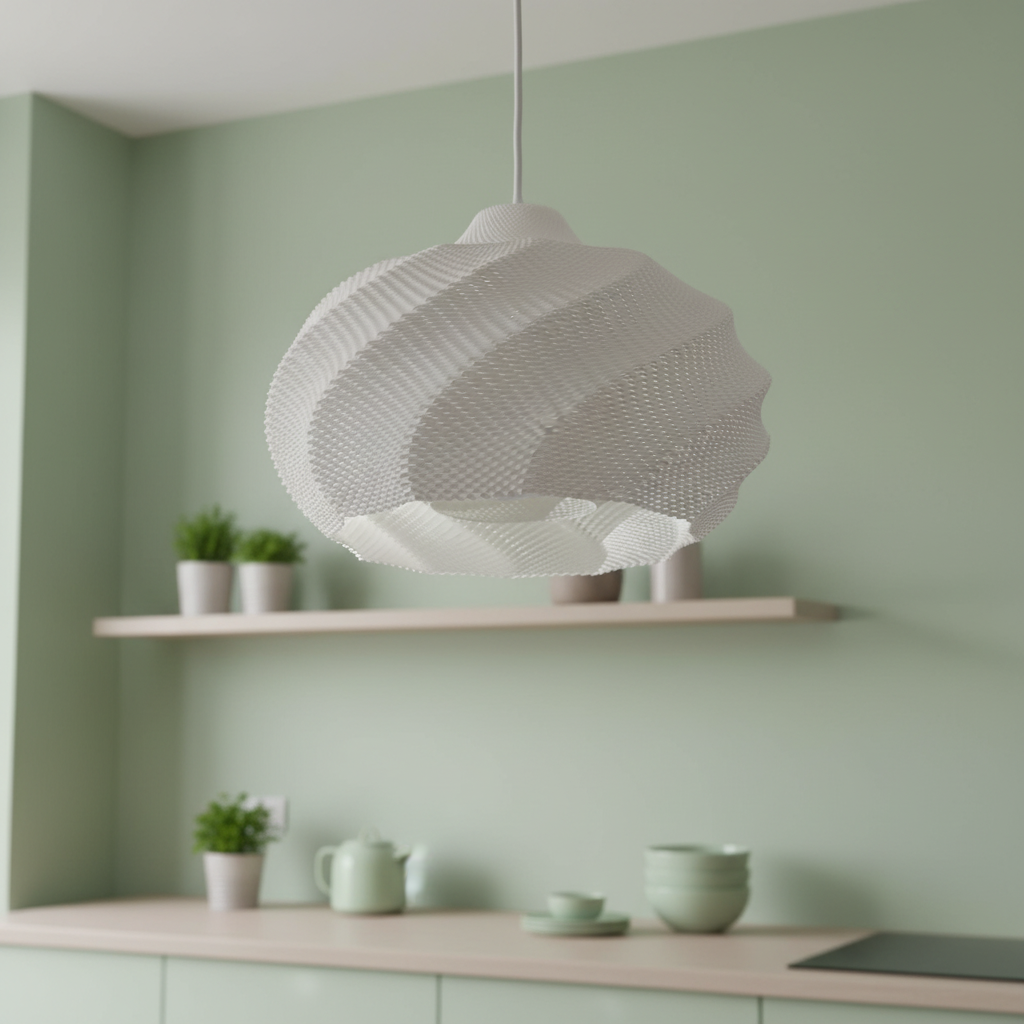 Minimalist pendant lamp hanging above a kitchen countertop with soft green walls and ceramic décor.