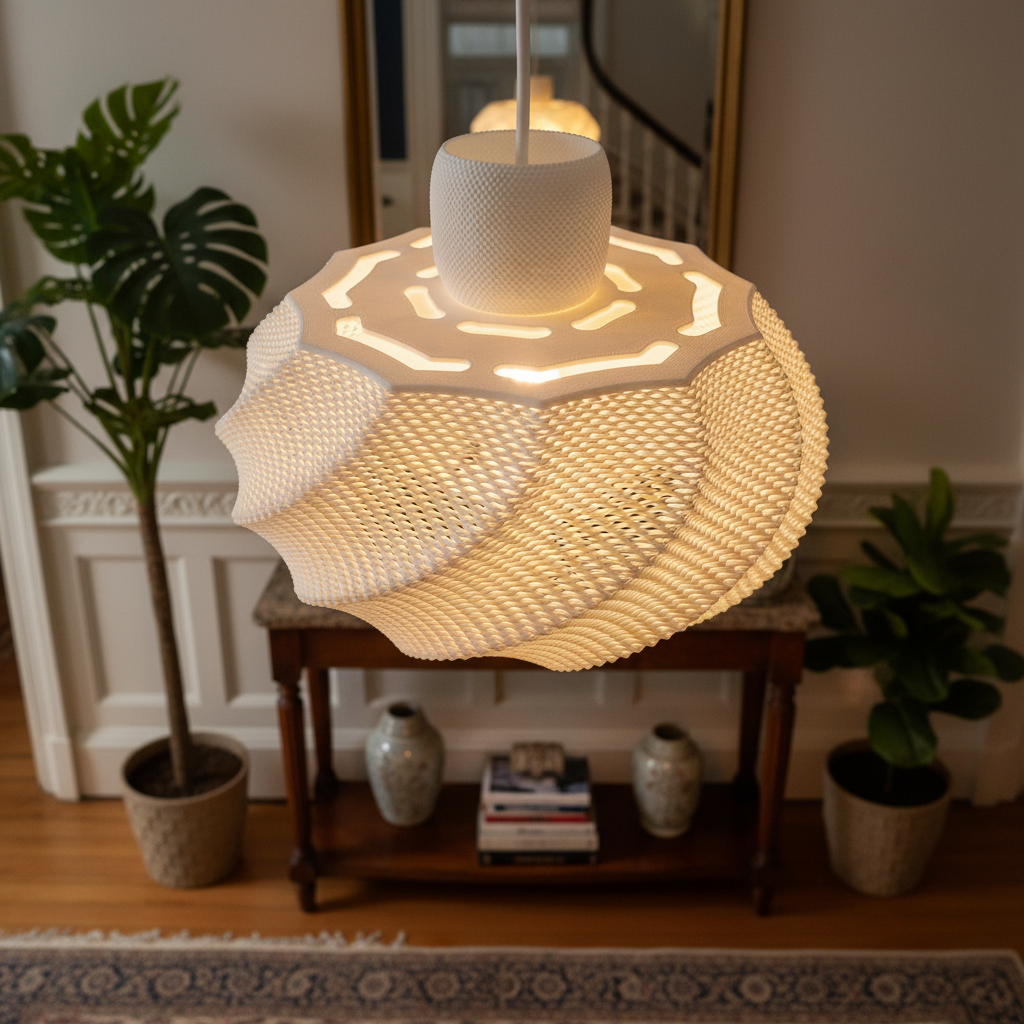 Warmly lit designer pendant lamp with detailed mesh structure in an elegant entryway with wooden flooring and indoor plants.