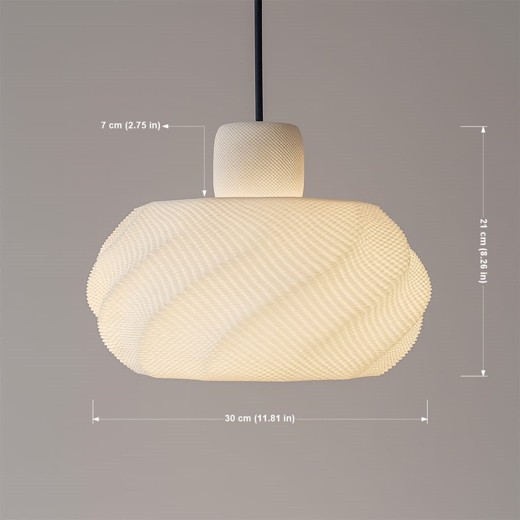 Pendant light with dimensions indicated on a gray background