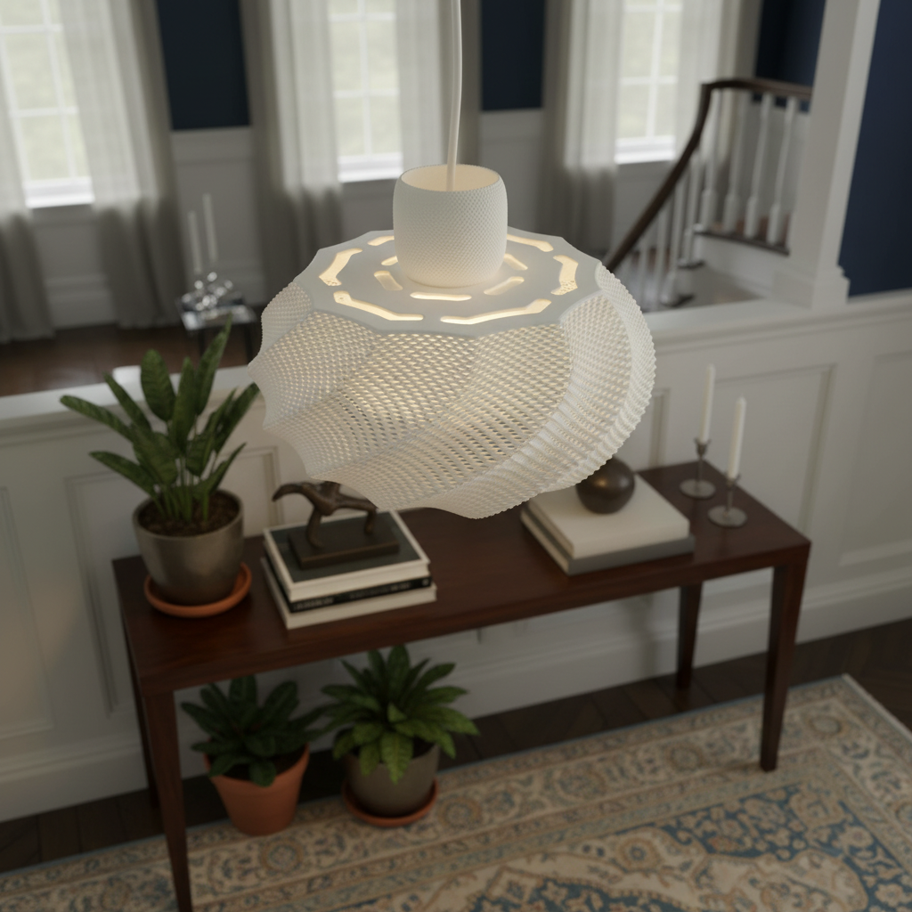 White sculptural pendant light with an open textured pattern hanging above a console table in a classic interior setting.