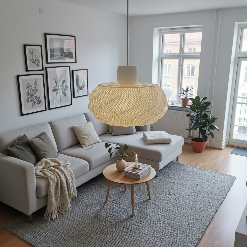 Modern sculptural pendant light hanging in a spacious interior with plants and abstract sculptures, emitting a warm ambient glow.