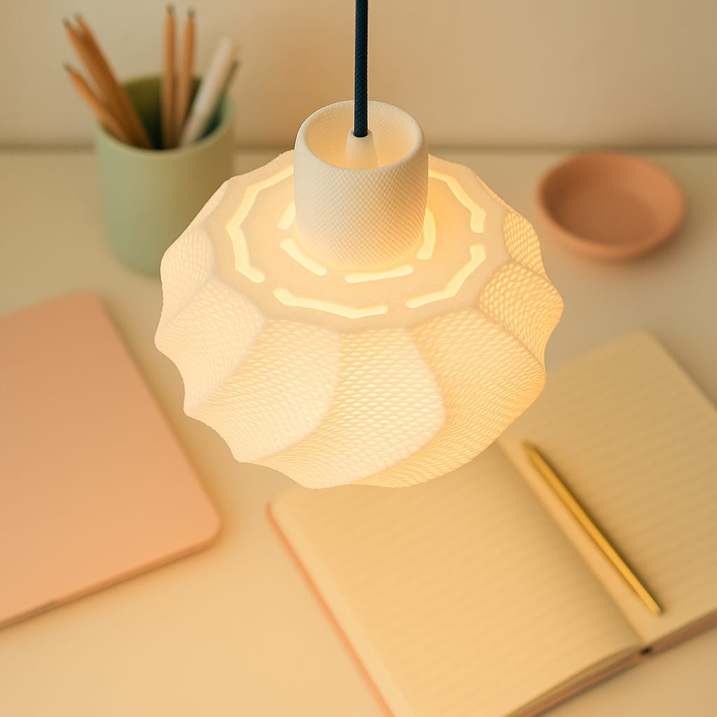 Decorative lamp on a desk with notebooks and pencils