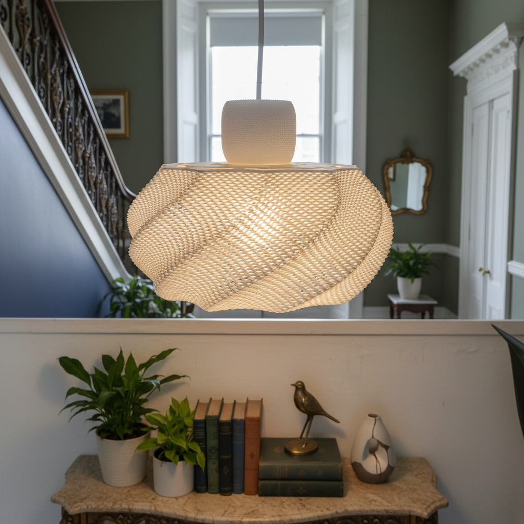 Warmly lit designer pendant lamp with detailed mesh structure in an elegant entryway with wooden flooring and indoor plants.