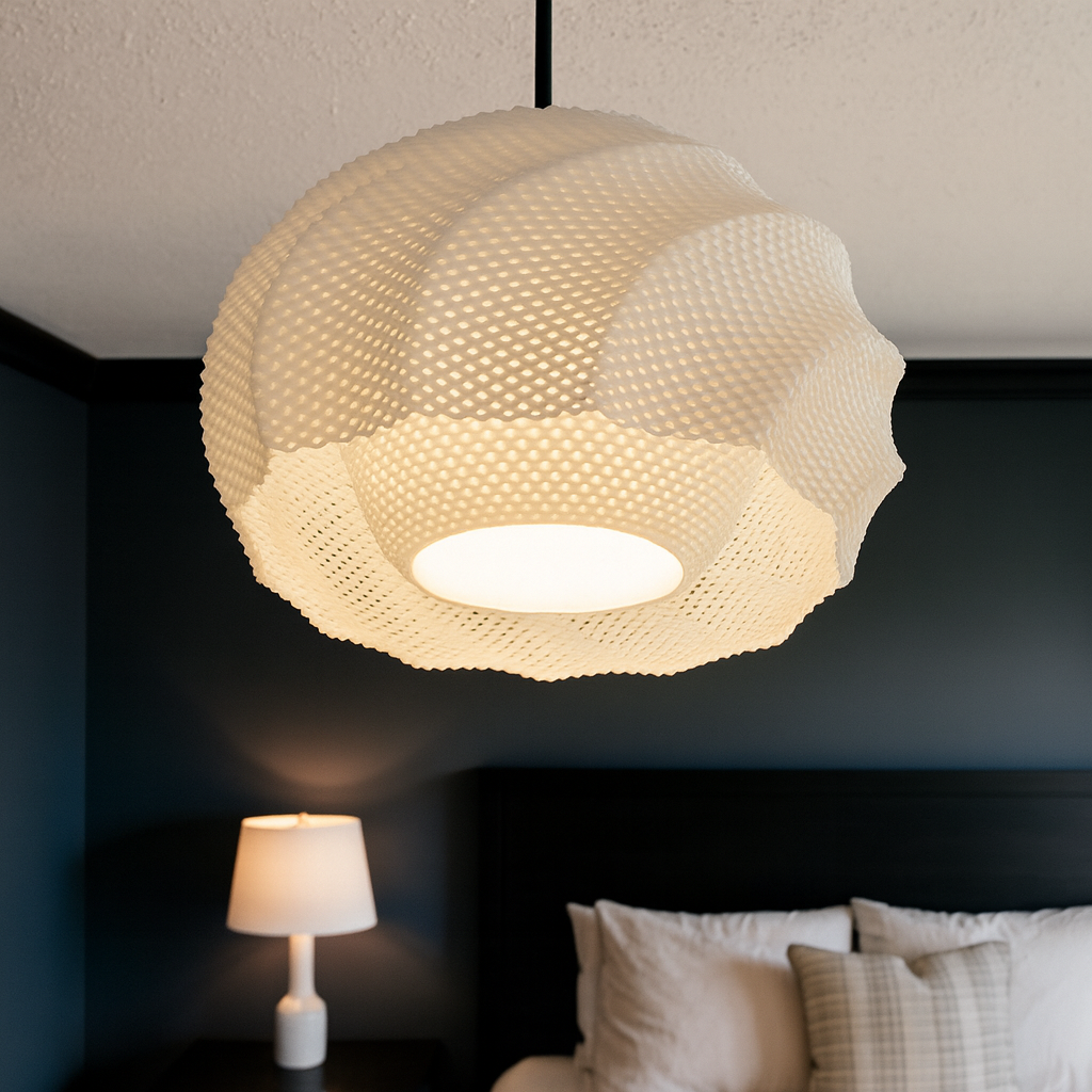 Modern pendant light fixture in a bedroom setting with a lamp and bed in the background.
