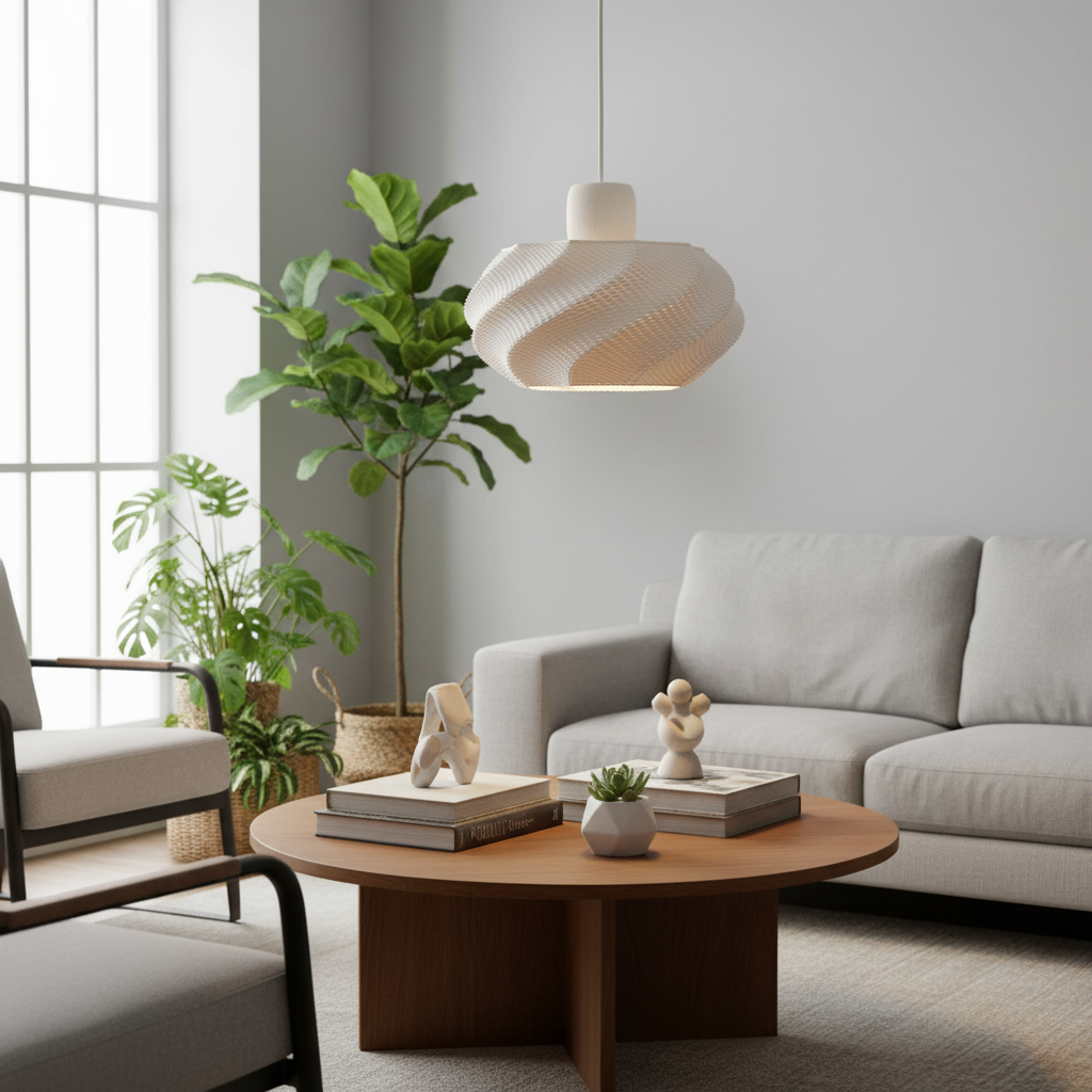 Modern 3D-printed pendant light with a twisted geometric design in a minimalist living room with plants and a wooden coffee table.