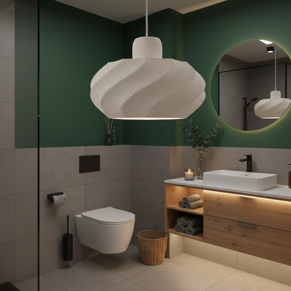 White sculptural pendant light installed in a modern bathroom with green walls, wood vanity, and soft accent lighting.