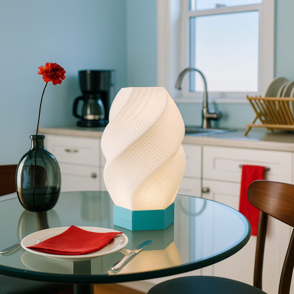 Decorative lamp on a kitchen table with a coffee maker and sink in the background.