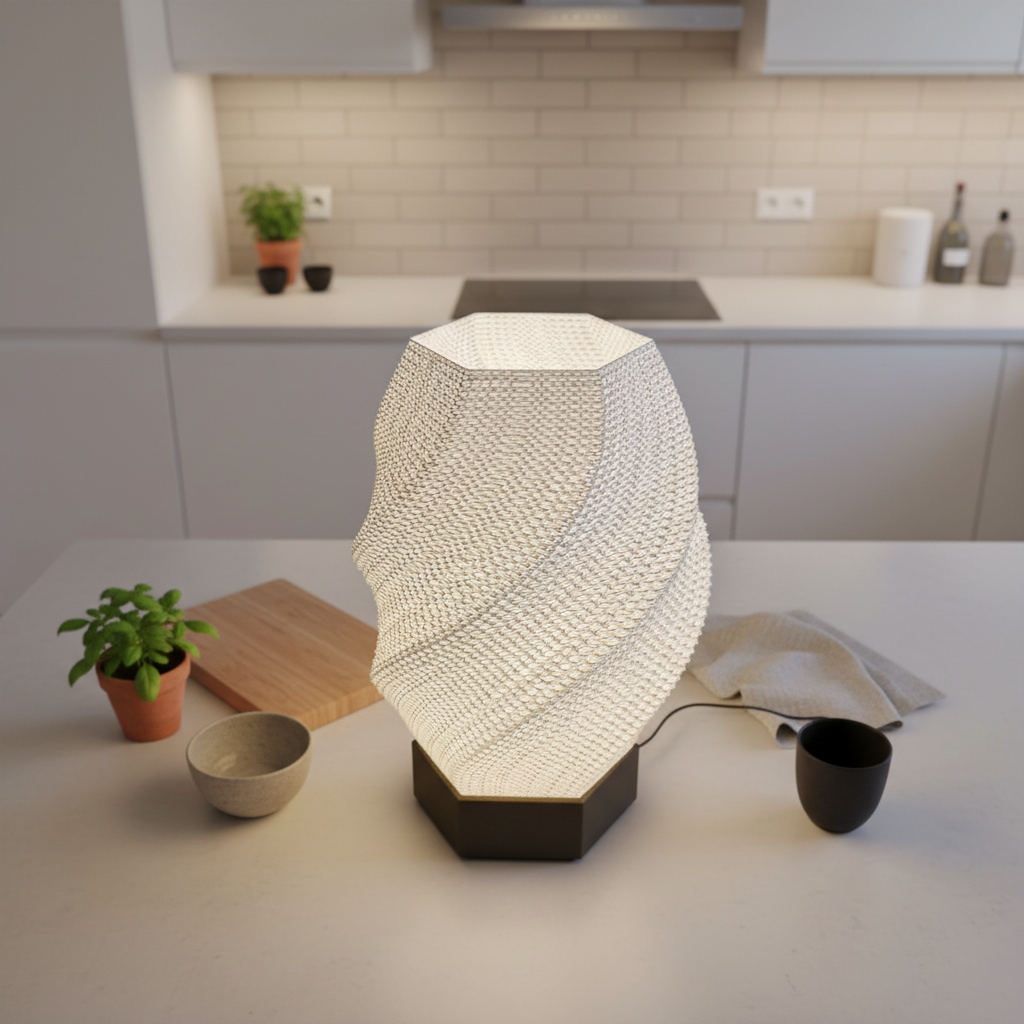Modern lamp on a kitchen counter with a neutral color scheme