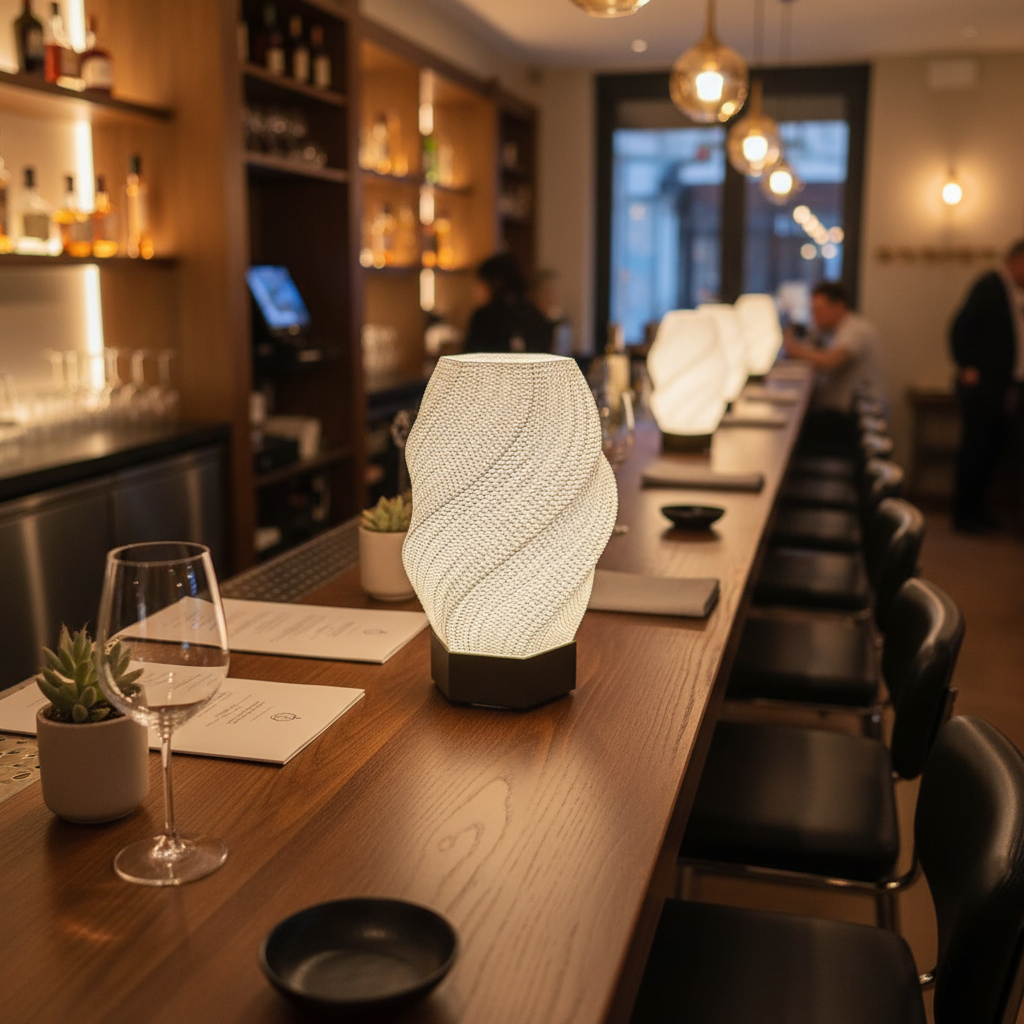 Decorative lamp on a bar counter with a blurred bar background