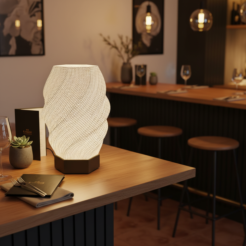 Decorative table lamp on a wooden surface with a blurred bar setting in the background
