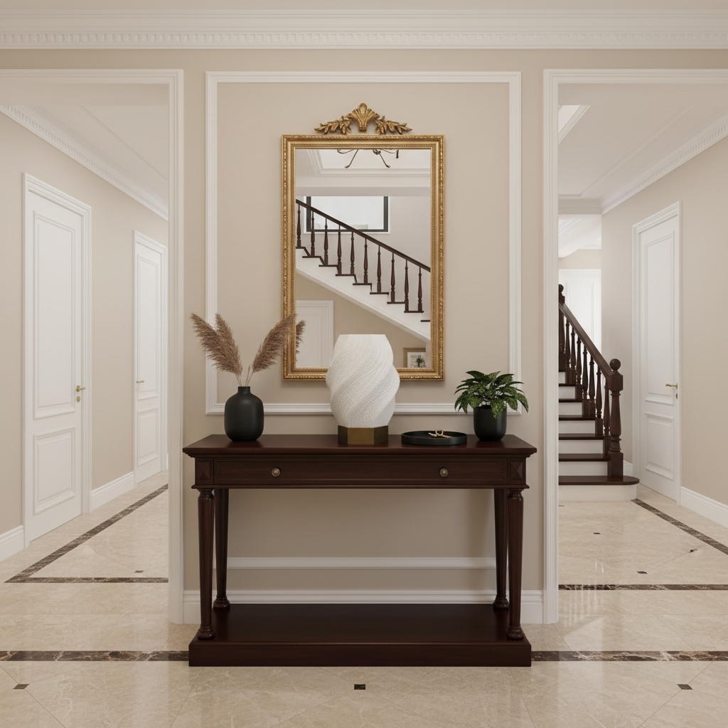 Foyer with a wooden console table, decorative lamp, and mirror on the wall.