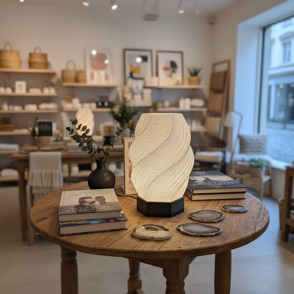 Decorative lamp on a wooden table in a store setting with books and decor items.