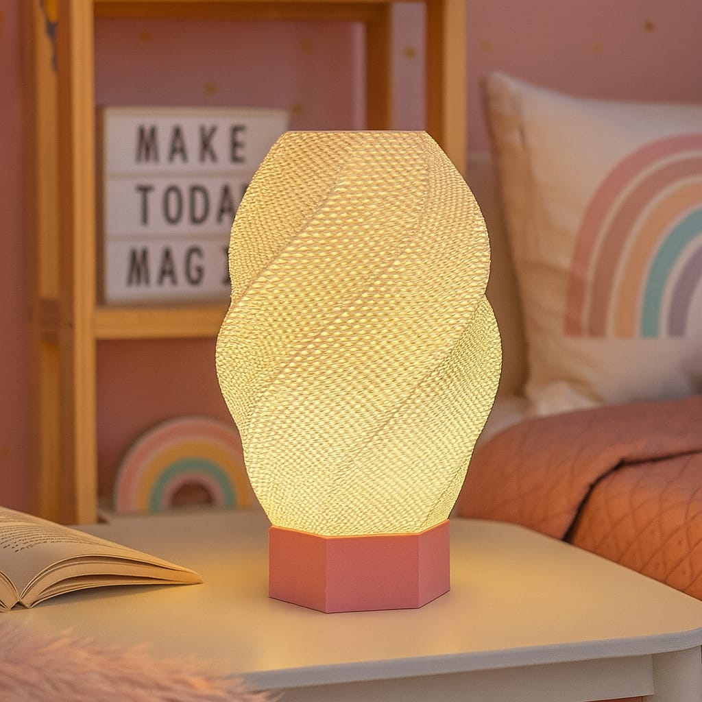 Decorative lamp on a bedside table with a cozy room setting