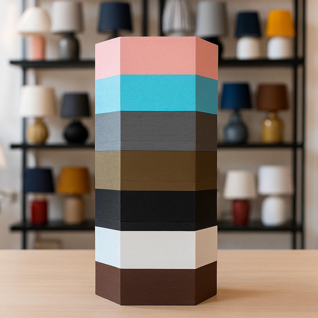 Colorful geometric bases on a wooden surface with a blurred lampshell in the background