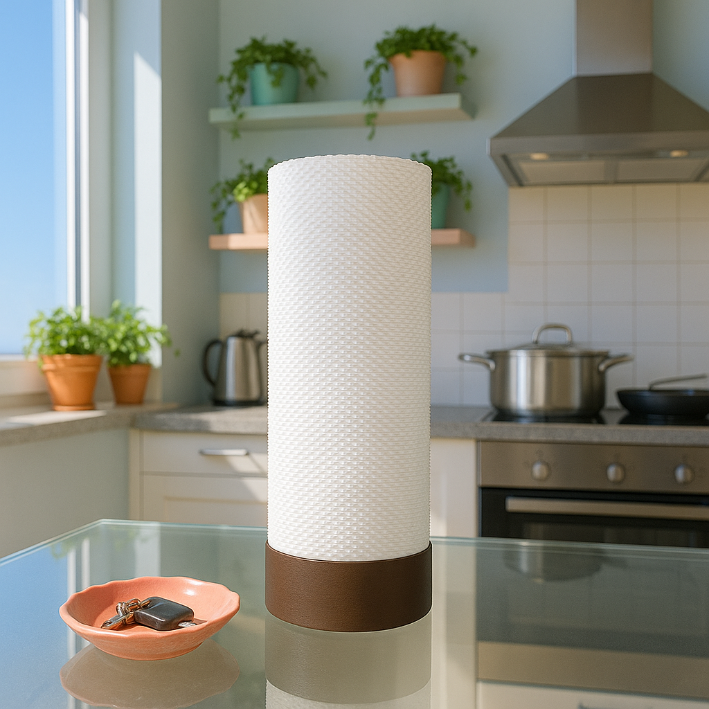 White table lamp on a kitchen counter with a window and plants in the background