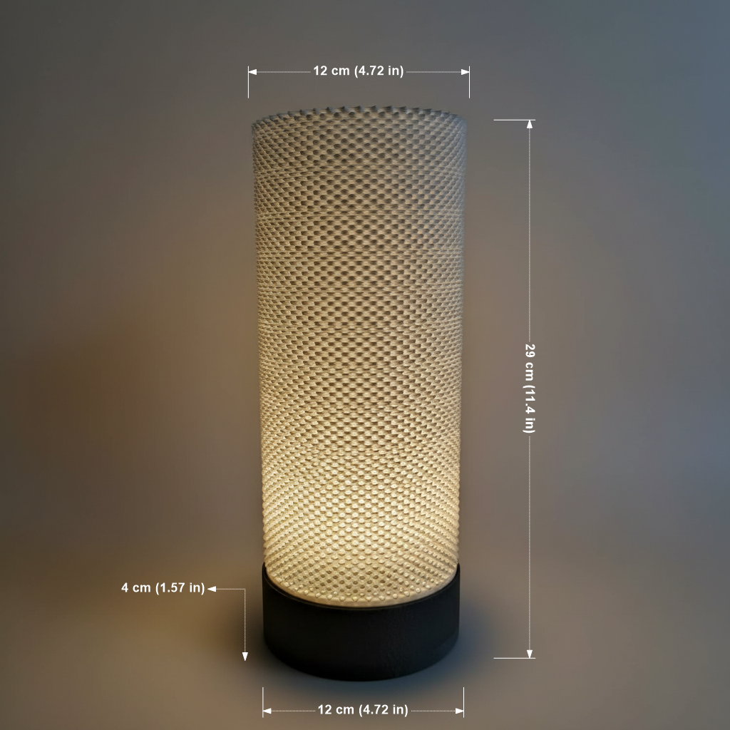 Cylindrical lamp with textured design and measurements on a dark background